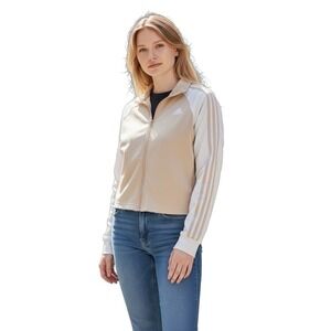 Adidas Beige White Track Jacket Women's‎ XL Full Zip 3 Stripe Logo Retro Style